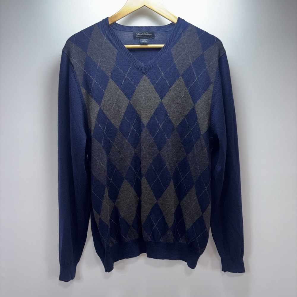 Brooks Brothers 100% Merino Wool Argyle V-Neck Sweater Navy Gray Size L